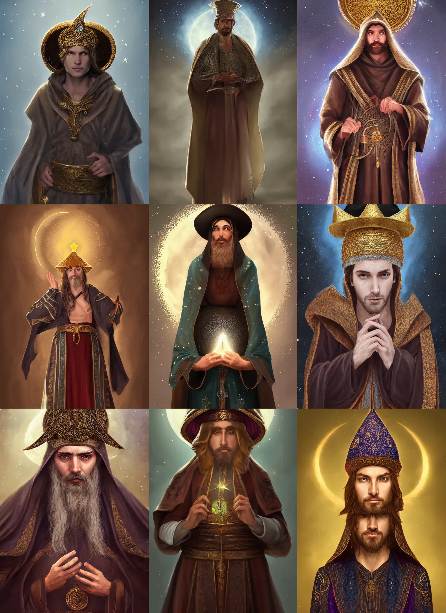 Prompt: adult wizard wearing a byzantine hat and a robe with star and moon pattern, handsome face, focus eyes, ultra realistic soft painting, full body, fantasy, intricate, elegant, highly detailed, digital painting, artstation, concept art, matte, illustration