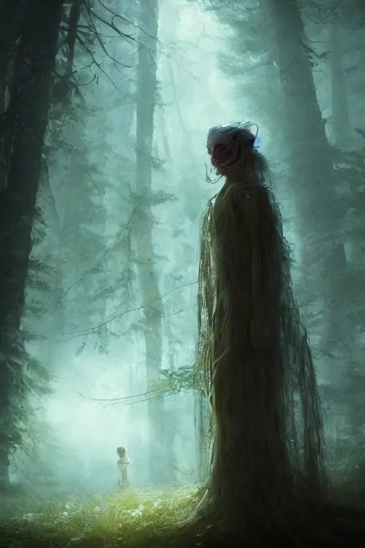 Prompt: a close up of the ghost lady with a wood spirit in the trees with will o the wisp, photorealistic, by jessica rossier, wlop, 4 k resolution