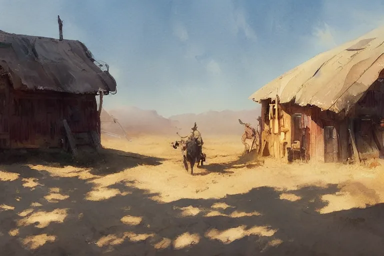 Image similar to small centered on white watercolor paper, paint brush strokes, abstract watercolor painting of nomad settlement, midday sharp light, dust, cinematic light, american romanticism by hans dahl, by jesper ejsing, by anders zorn, by greg rutkowski, by greg manchess, by tyler edlin