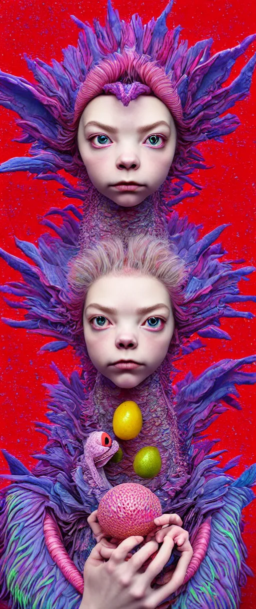 Image similar to hyper detailed 3d render like a Oil painting - kawaii portrait of two Aurora (a beautiful skeksis muppet fae princess protective playful expressive from dark crystal that looks like Anya Taylor-Joy) seen red carpet photoshoot in UVIVF posing in scaly dress to Eat of the Strangling network of yellowcake aerochrome and milky Fruit and His delicate Hands hold of gossamer polyp blossoms bring iridescent fungal flowers whose spores black the foolish stars by Jacek Yerka, Ilya Kuvshinov, Mariusz Lewandowski, Houdini algorithmic generative render, golen ratio, Abstract brush strokes, Masterpiece, Edward Hopper and James Gilleard, Zdzislaw Beksinski, Mark Ryden, Wolfgang Lettl, hints of Yayoi Kasuma and Dr. Seuss, octane render, 8k