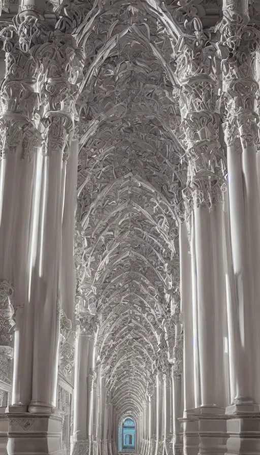Prompt: a stunningly detailed architectural model of a colonnade courtyard with rusticated shiny white arches that looks like a gothic cathedral on display in a museum. Transparent glowing gills. Neon effect. The interior looks like heaven, awe, wow, highly detailed, product photography, well lit, 8k