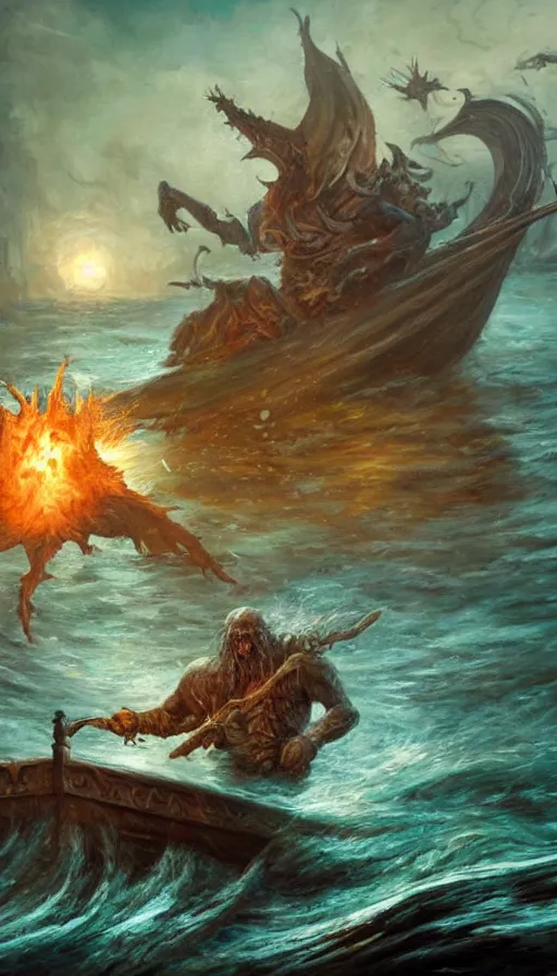 Prompt: man on boat crossing a body of water in hell with creatures in the water, sea of souls, from magic the gathering