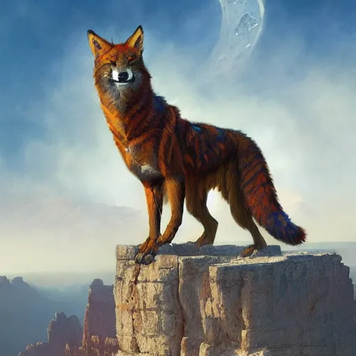 Image similar to Red Tiger Coyote Hybrid collar wearing feather crest paws tail eyes furry fuzzy standing atop grand canyon greg rutkowski greg danton tony sart raymond swanland chris foss chris cold christophe norman rockwell young acrylic 4k artstation wikiart wikipedia realism tilt-shift aspca national geographic