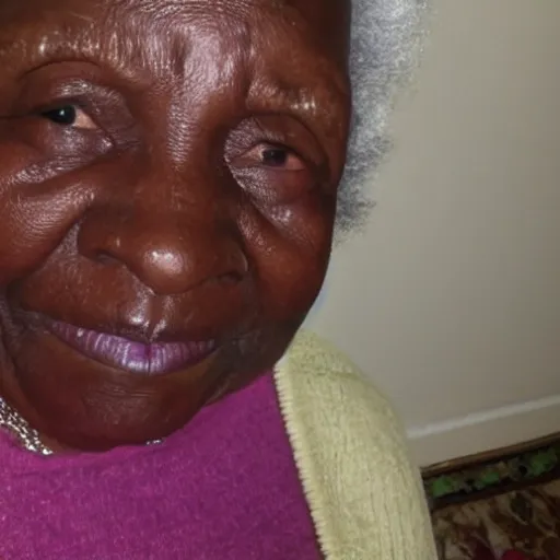 Image similar to my African grandma was taking a selfie in the living room and closed her eyes because the camera flash was too bright in her face