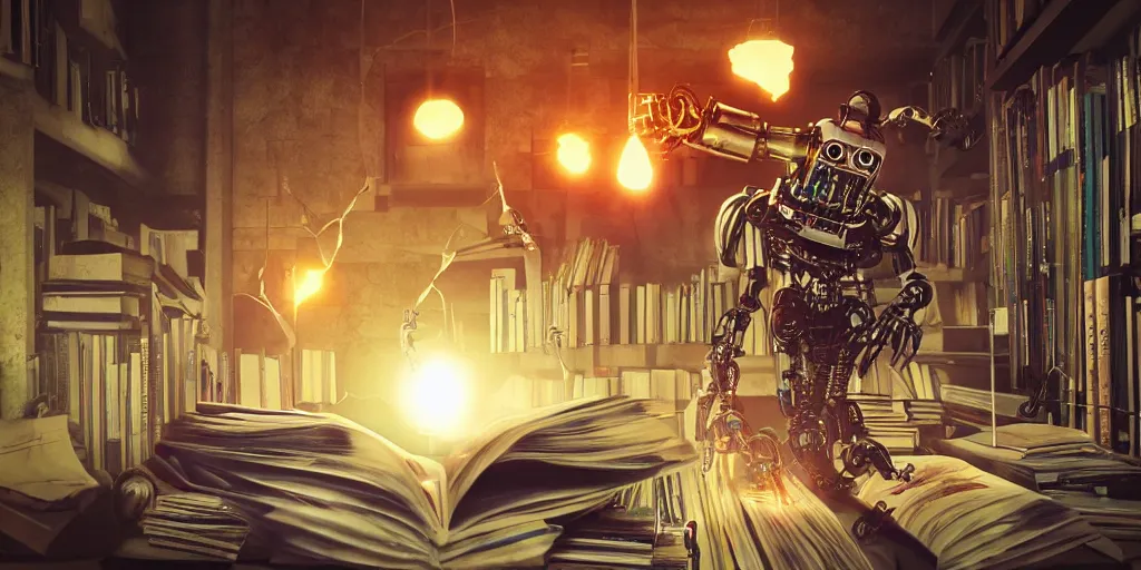 Prompt: A frightening multi armed evil robot devouring books with pipes and tubes and pages floating down, hyperealistic very colourful hdr cinematic lighting cgi render photorealistic cinematic octane render  -H 768