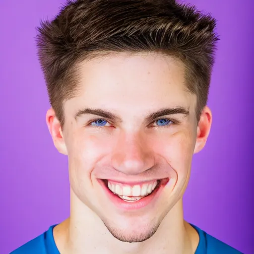 Image similar to photographic portrait of a young white male smiling with short brown hair that sticks up in the front, blue eyes, groomed eyebrows, tapered hairline, sharp jawline, wearing a purple white volleyball jersey, sigma 85mm f/1.4, 35mm, 4k, high resolution, 4k, 8k, hd, full color