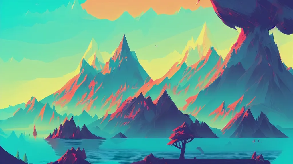 Prompt: mountains, trees, and lake, by anton fadeev