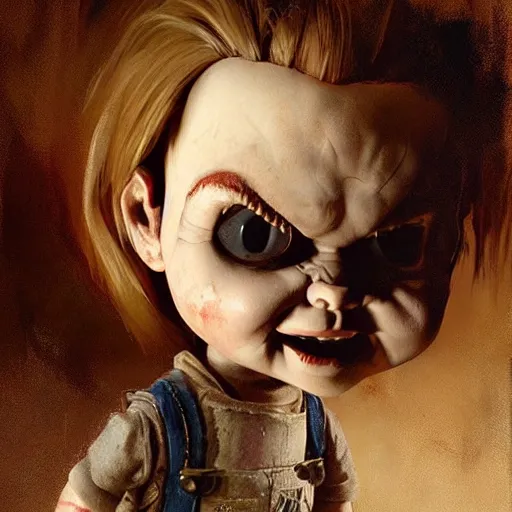 Image similar to the doll chucky playing this role of indiana jones, oil painting, by greg rutkowski