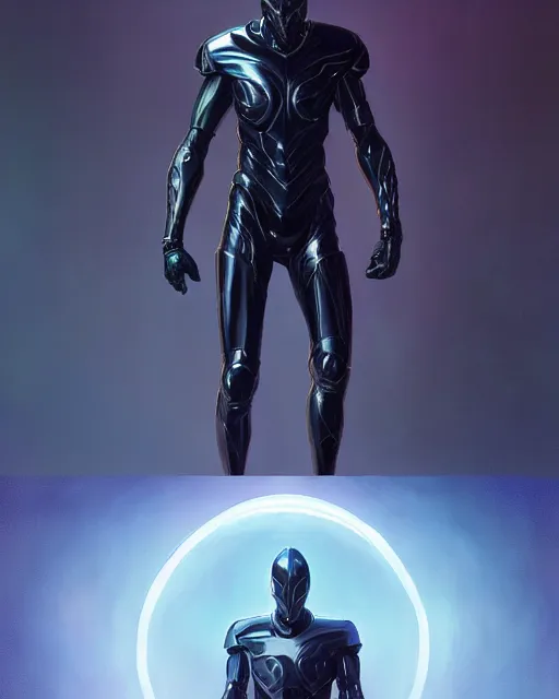 Image similar to character concept of iridescent sinewy smooth muscular male sleek glossy indigo black pearlescent scifi armor with smooth black featureless helmet, by greg rutkowski, mark brookes, jim burns, tom bagshaw, magali villeneuve, trending on artstation