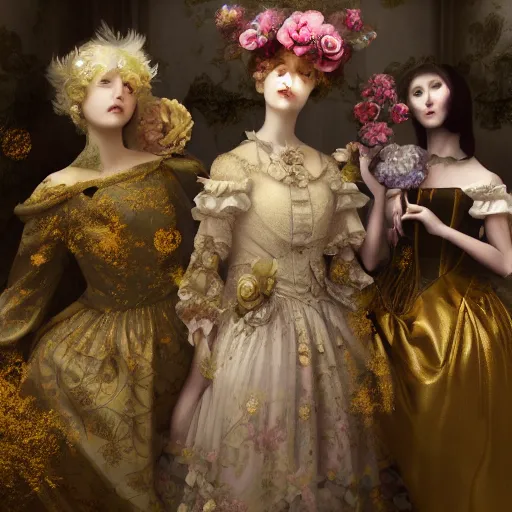 Image similar to 8k, octane render, realism, tonalism, renaissance, rococo, baroque, group of creepy young ladies wearing long flowers and skull dress, harajuku manga, background chaotic gold leaf flowers