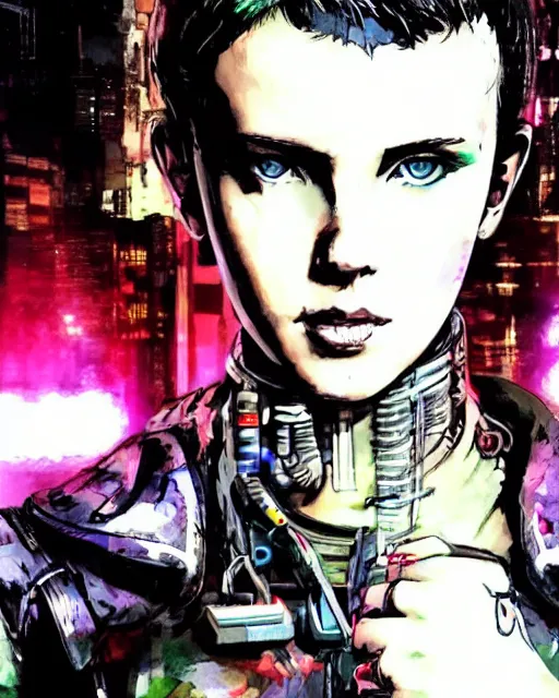 Prompt: photo of cyberpunk millie bobby brown by yoji shinkawa