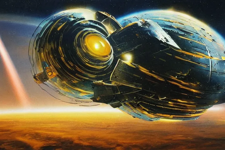 Prompt: a spaceship entering a wormhole, distorted space, swirling matter and energy, dramatic lighting, concept art, Chris Foss