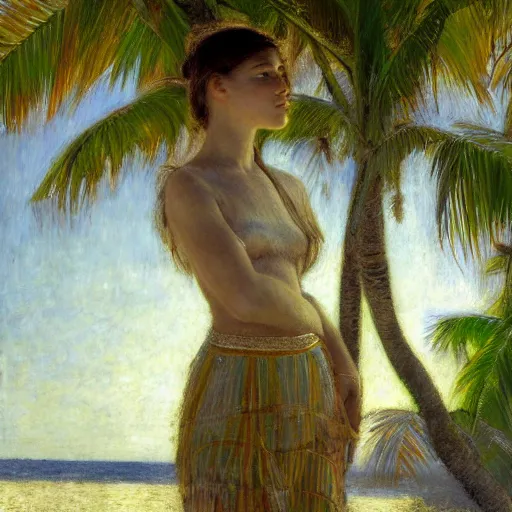 Image similar to a ultradetailed beautiful painting of a girl in the amazonas palace designed by jules bastien - lepage, hans belmer, frank weston and gustave baumann, beach, trending on artstation, mediterranean, palm trees, light sparkles, sharp focus, soft light, 8 k 4 k