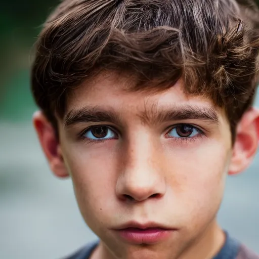 Prompt: a closeup portrait of a boy with brown hair and brown eyes. Extremely clear and high quality eyes with reflection in this, realistic face and details, clear lips and high quality