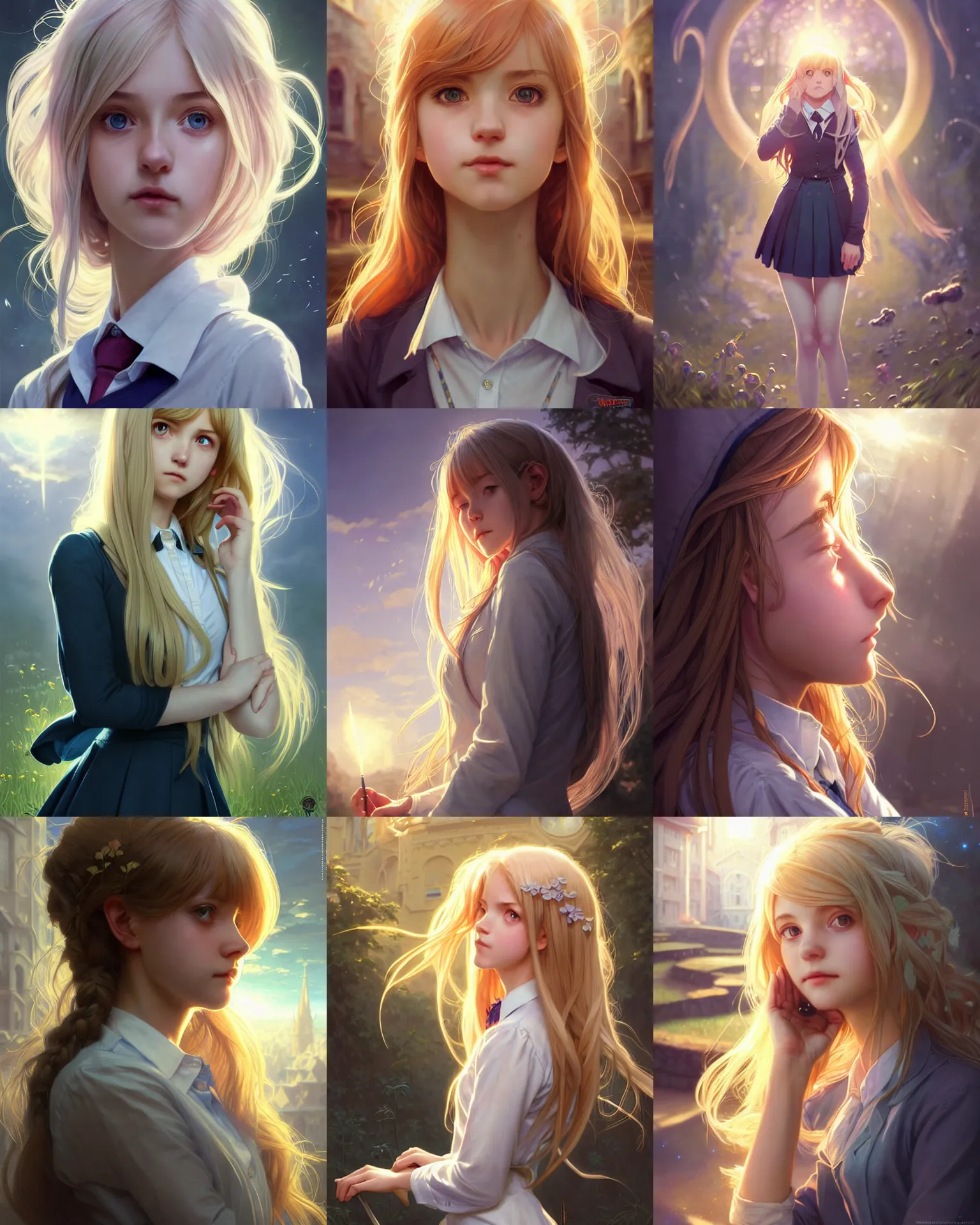 Prompt: portrait of an innocent lost college girl, magic school uniform, light - coloured hair, large messy hair style, fantasy building, intricate, sharp focus, lens flare, bloom, rim light, illustration, highly detailed, digital painting, concept art, matte, art by wlop and artgerm and greg rutkowski and alphonse mucha, masterpiece