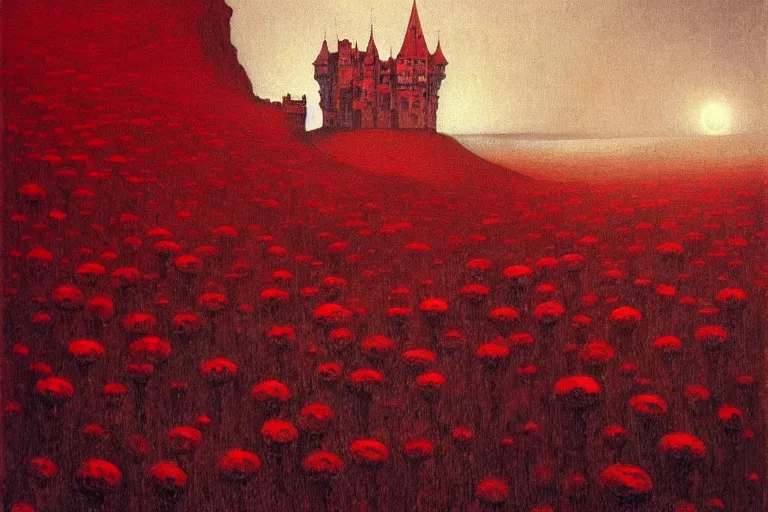 Image similar to only with red, red flowers, a red tiger, a castle in the background, medieval demons, an ancient path, in the style of beksinski, part by hopper, part by rodcenko, part by hofbauer, intricate composition, red by caravaggio, insanely quality, highly detailed, masterpiece, red light, artstation