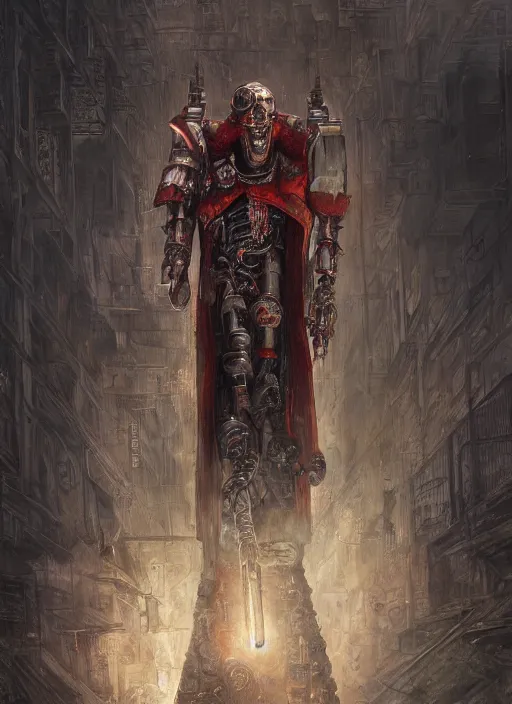 Image similar to portrait of rotten Nicolas Cage as adeptus mechanicus in red hood and robe from Warhammer 40000. Highly detailed, artstation, illustration by and John Blanche and zdislav beksinski and wayne barlowe