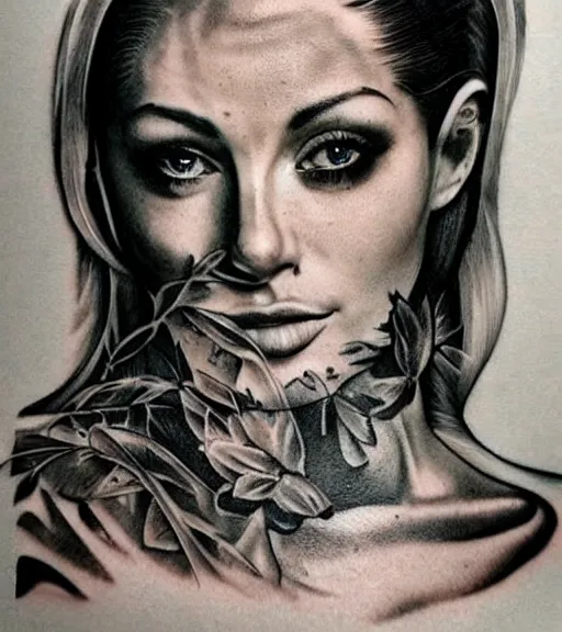 Image similar to realism tattoo sketch of a isabelledeltore face double exposure with nature, in the style of matteo pasqualin, amazing detail, sharp, faded