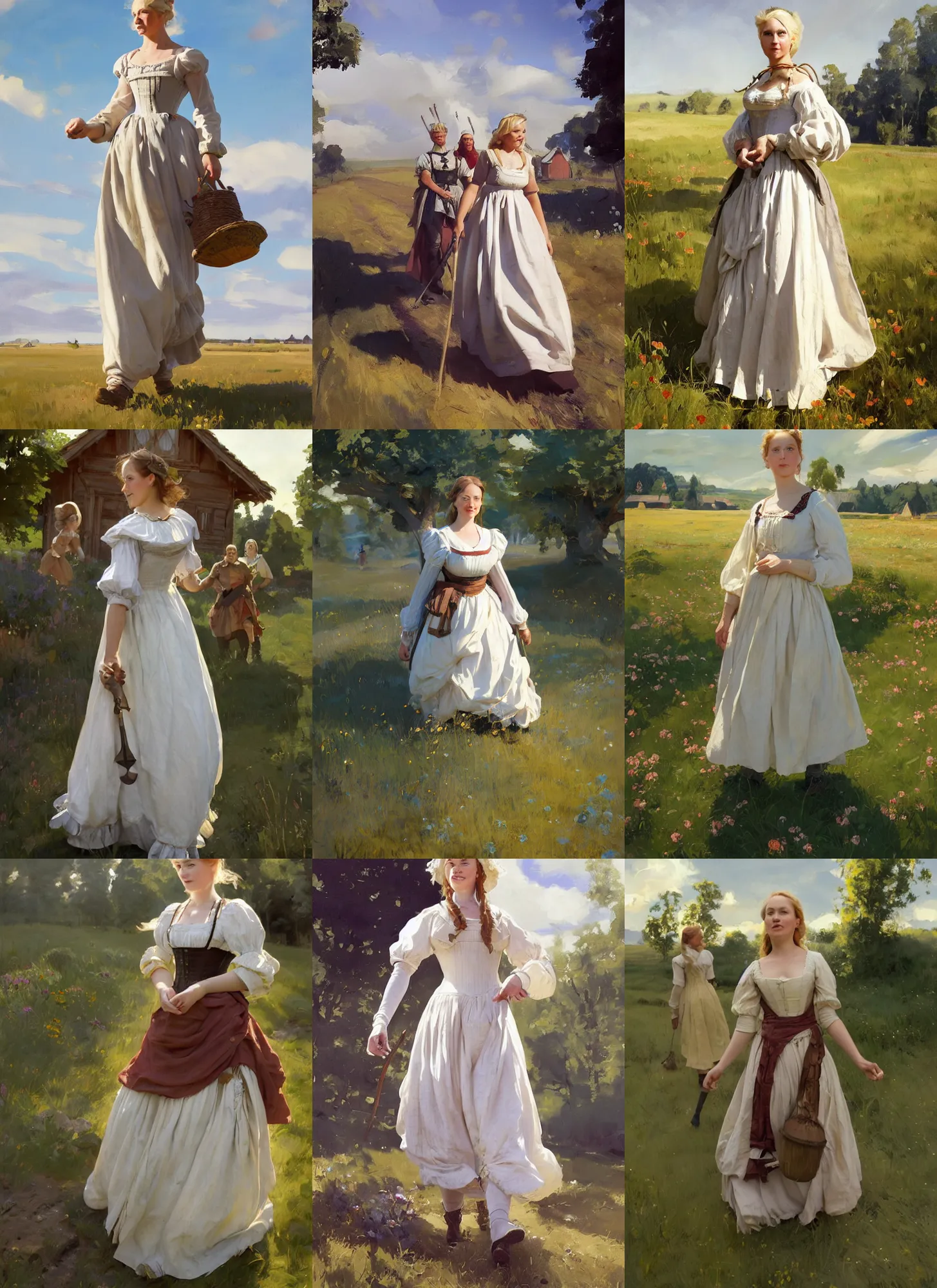 Prompt: finnish norwegian scandinavian attractive village maiden wearing 1 7 th century bodice walking in the field in a sunny day, jodhpurs greg manchess painting by sargent and leyendecker, studio ghibli, fantasy, medium shot, asymmetrical, intricate, elegant, matte painting, illustration, hearthstone, by greg rutkowski, by greg tocchini, by james gilleard