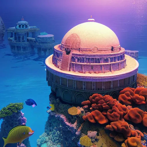 Prompt: a beautiful first person perspective digital illustration of a domed underwater palace near a coral reef teeming with life by beeple | Byzantine architecture | tropical fish | cinematic | unreal engine | octane | photorealistic |