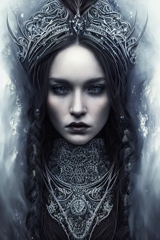 Image similar to majestic and regal portrait of a beautiful young female dark goddess!!, intricate, epic, elegant, menacing, fantasy, highly detailed, digital painting, hard focus, beautiful volumetric lighting, epic light, ultra detailed, souls, smoke, by leesha hannigan, ross tran, thierry doizon, kai carpenter, ignacio fernandez rios