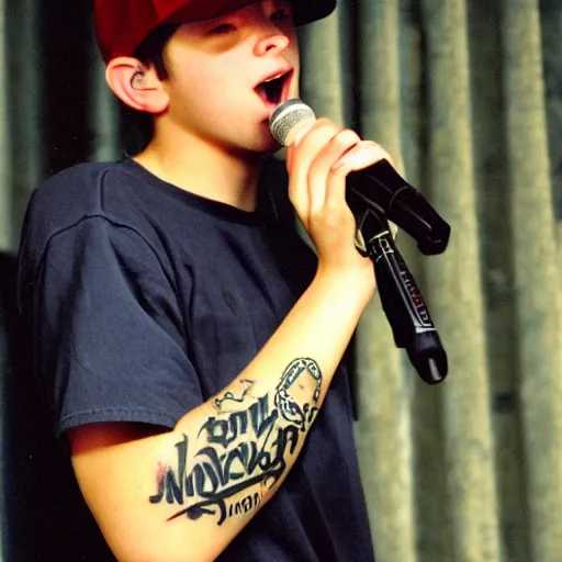 Prompt: 19-year-old boy wearing baseball cap and baggy jeans, tattoos, singing into microphone, 2002 alternative metal, nü metal, VHS quality, MTV