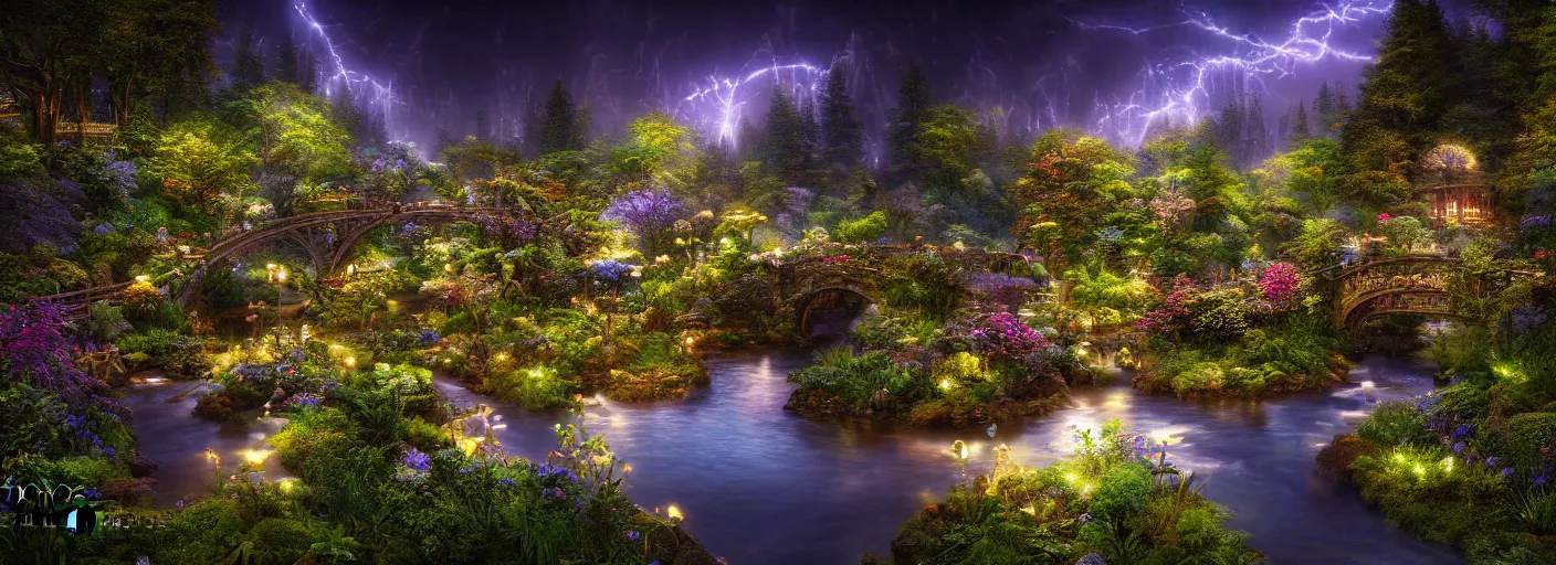 Image similar to photograph of enchanted garden, blue river in the middle, 1 glowing bridge crossing river, plants with intricate detail, by marc adamus, highly detailed, intricate detail, cinematic lighting