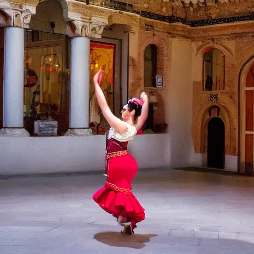 Image similar to Absolutely gorgeous greek god of enchantment dancing flamenco in Sevilla, cinematic lighting, high quality 8k hd, oil on canvas, hyperralistic art