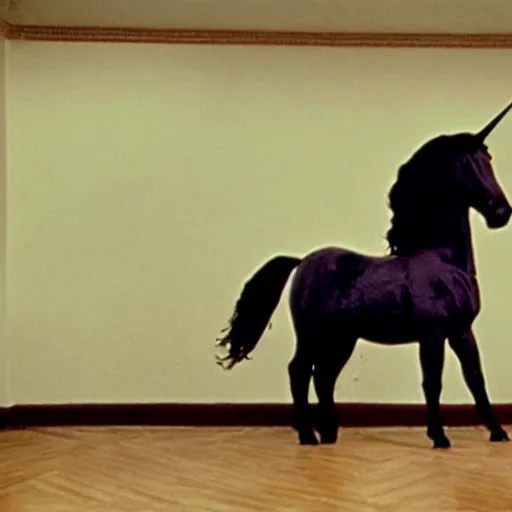 Image similar to a black unicorn in a Soviet building, film still by David Lynch