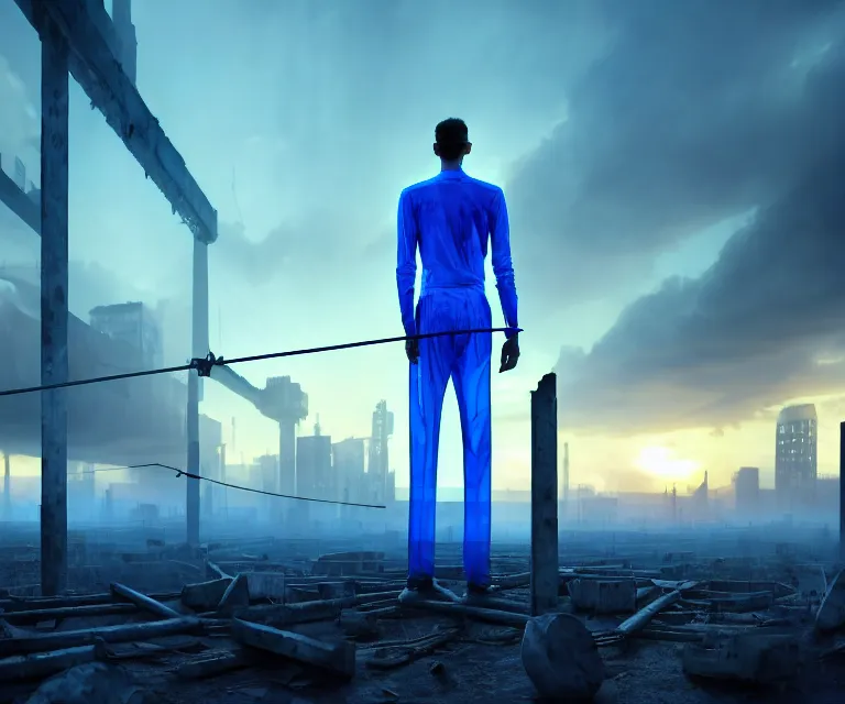 Prompt: tall man consisting of blue translucent shiny material and steel bars, standing in ruins in the sunrise. extremely high details, solo, masterpiece, photorealistic, hyperrealism, cinematic, fantasy, octane render, volumetric lighting, depth of field, bokeh, cgsociety by ed binkley, johannen voss, dragan bibin