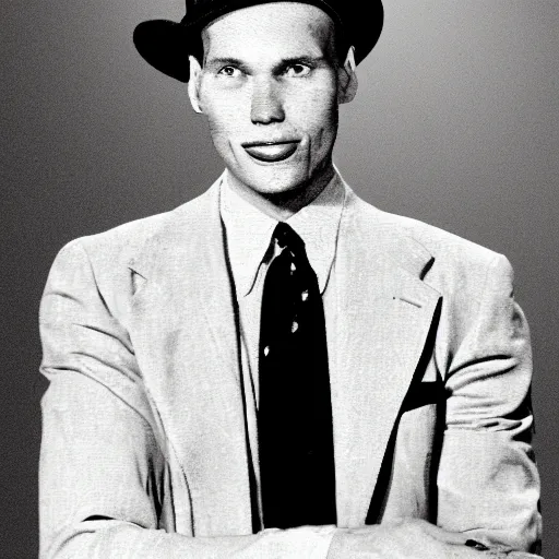 Image similar to A photograph portrait of Jerma985 wearing a suit with and fedora in the 1950s, taken in the early 1950s, grainy, taken on a 1950s Kodak Camera, realistic, hyperrealistic, very realistic, highly detailed, very detailed, extremely detailed, detailed, digital art, trending on artstation