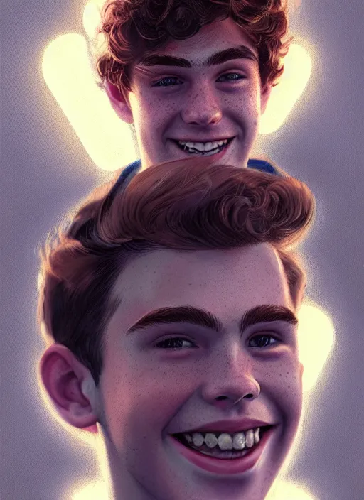 Image similar to portrait of teenage archie andrews, freckles, curly middle part haircut, curly hair, smiling kindly, friendly, 1 9 5 0 s, intricate, elegant, glowing lights, highly detailed, digital painting, artstation, concept art, smooth, sharp focus, illustration, art by wlop, mars ravelo and greg rutkowski