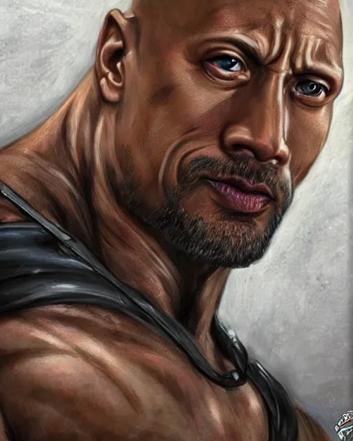 Image similar to close up shot of dwayne johnson, dnd, high fantasy. royo, artgem, wlop