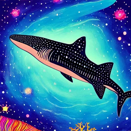 Image similar to gouache painting of a whale shark flying through a swirling, luminous nebula, elegant, ultra detailed, gouache illustration of whale - shark floating through a colorful nebula