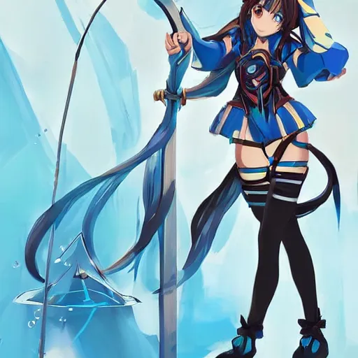 Image similar to an anime woman in an outfit made of water is doing a trick with bow and arrow, concept art by senior character artist, polycount contest winner, process art, concept art, 2d game art, artstation hd