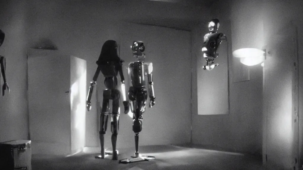 Image similar to movie scene of the girl and the robot, movie still, cinematic composition, cinematic light, by David Lynch