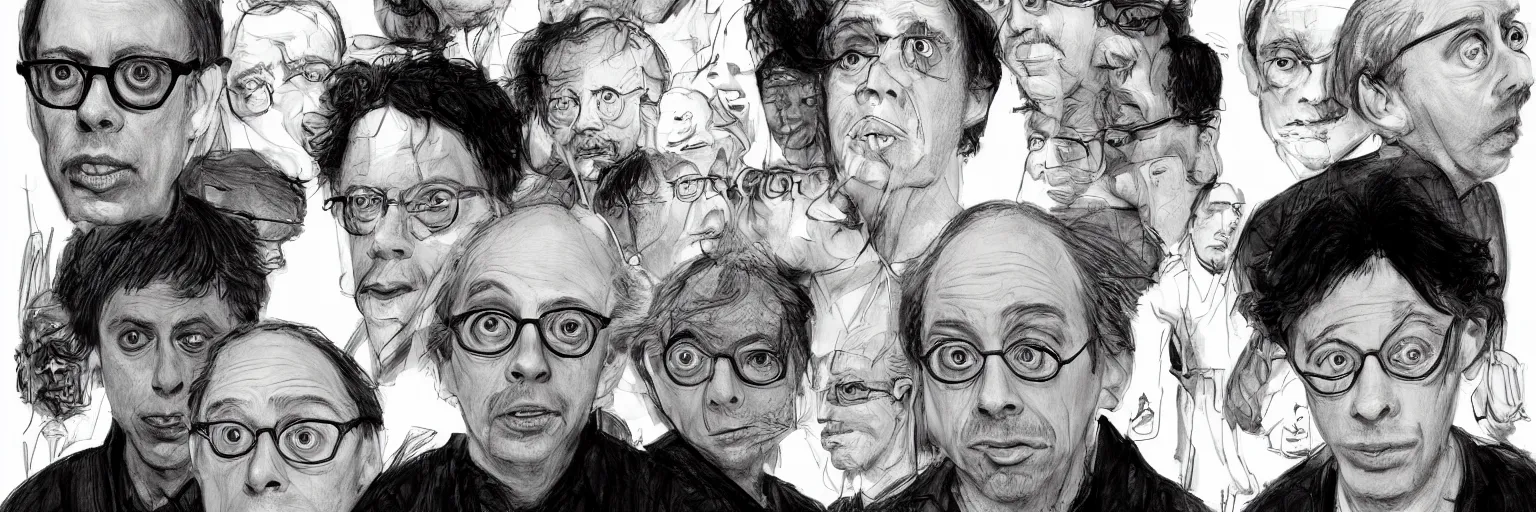 Image similar to character study of todd solondz and steve buscemi and charlie kaufman, 2 0 2 2, clear faces, emotional, character sheet, fine details, concept design, contrast, kim jung gi, pixar and da vinci, trending on artstation, 8 k, full body and head, turnaround, front view, back view, ultra wide angle