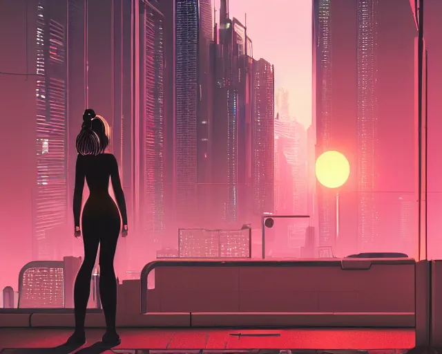 Prompt: a woman standing in front of a city at night, cyberpunk art by ilya kuvshinov, cgsociety, retrofuturism, ilya kuvshinov, artstation hd, artstation hq