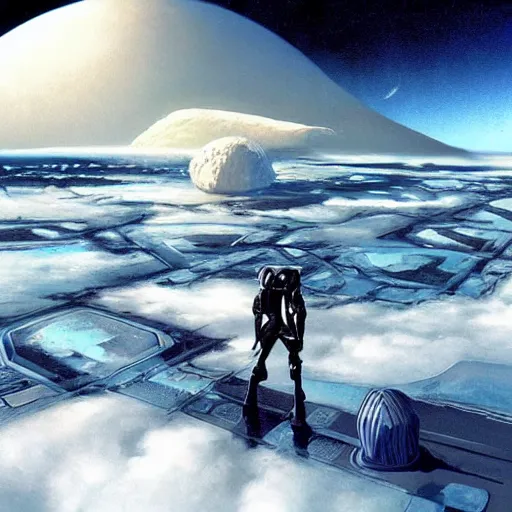 Image similar to Frozen frontiers on an alien planet, floating mountains above clouds in the background, vanishing perspective of a road, ravine, Syd Mead, John Harris, Federico Pelat,