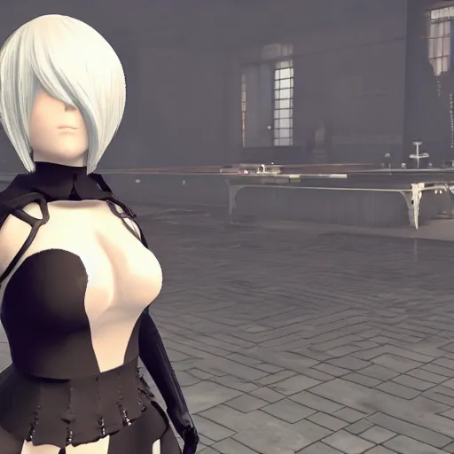 Image similar to Walter White cosplaying as 2B, Nier Automata, 2B's black dress, screenshot