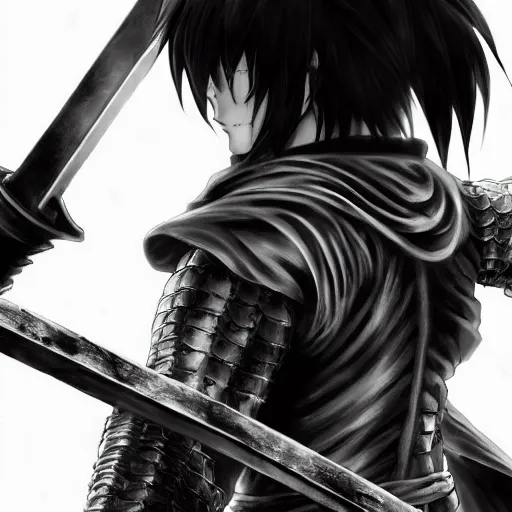 Prompt: black swordsman in the style of kentaro miura, 4 k, 8 k, absolute detail of even the smallest details and particles, beautiful shadows, beautiful art, black and white drawing, high rendering of the details of the environment, faces and characters