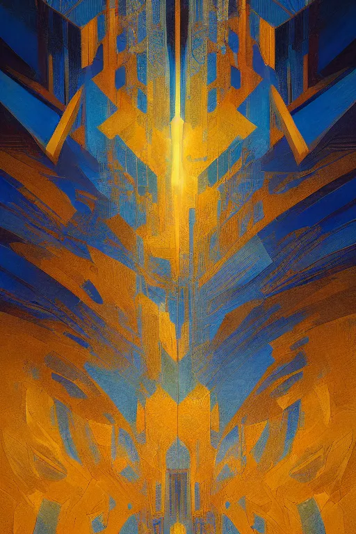 Image similar to art deco abstrct patterns, blue and gold, 8 k, powerfull, intricate, elegant, volumetric lighting, digital painting, highly detailed, artstation, sharp focus, illustration, concept art, ruan jia, steve mccurry, beksinski