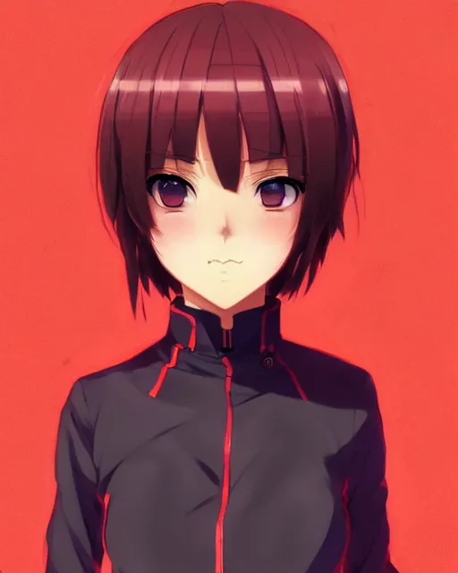 Image similar to beautiful anime woman, wearing full clothing red shirt brown pants, black and red hair hair, galaxy eyes, clockpunk, symmetrical face, symmetrical eyes, full round face, short smile, detailed, summer setting, cinematic lighting, makoto shinkai, artgerm, ilya kuvshinov, loish