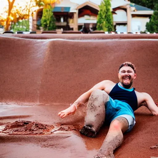 Image similar to adult sliding down chocolate pudding slip n slide legs first, professional photo taken at the park