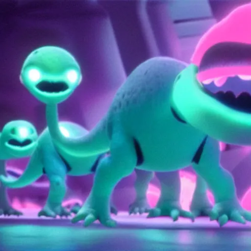 Image similar to cute smiling pixar and chibi style electric blue scaled glowing baby dinosaurs in tron movie, cinestill