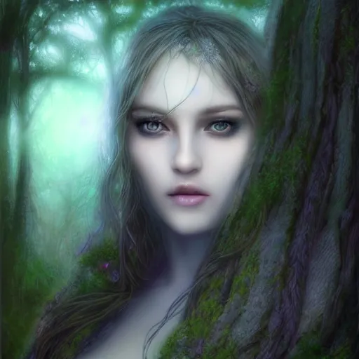 Prompt: masterpiece digital painting realistic portrait of beautiful forest goddess, 3 0 years woman, close face view, soft face, moonlight, elf forest background, at night, by luis royo, artstation, deviantart, unreal engine,, cinematic lights, dark blue purple tones, aura effects, light sparks