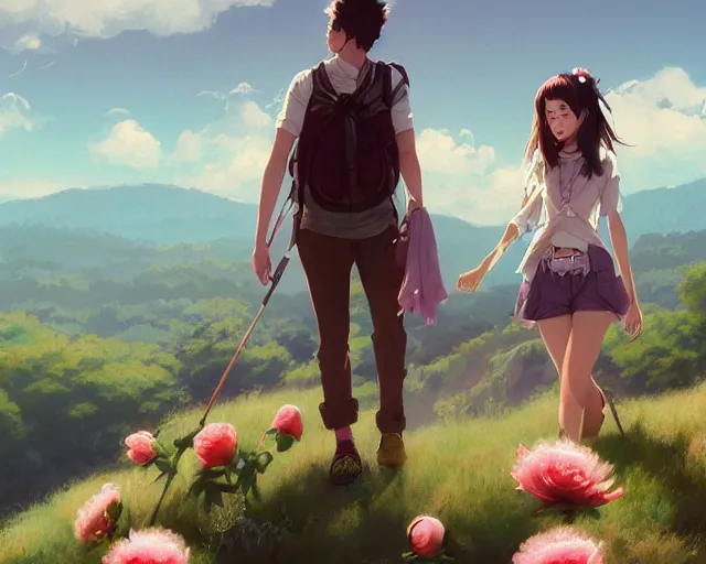 Image similar to a cinematic boy girl traditional romance moment of a group of university friends hiking wearing boho clothing and peonies, full body illustration,bestselling movie art poster, official media, 1970s fashion, official anime media, incredible art by artgerm and greg rutkowski and doja cat