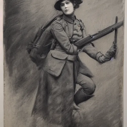 Image similar to ww 1 action heroine by alfred stevens in charcoal