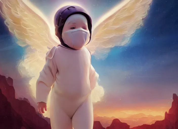 Image similar to angel baby cherub, wearing a balaclava, ski mask face, covered face, face covered, role in a musical sci - fi space opera ghibli animated film, volumetric lighting, octane render by stanley artgerm lau, greg rutkowski, thomas kindkade, alphonse mucha, loish, norman rockwel,