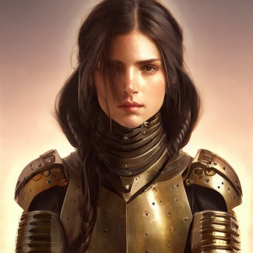 Prompt: a portrait of an attractive young woman, clothed in battle armor, olive skin, long dark hair, beautiful bone structure, symmetrical facial features, intricate, elegant, highly detailed, digital painting, trending on Artstation, concept art, smooth, sharp focus, illustration, by artgerm and greg rutkowski and alphonse mucha